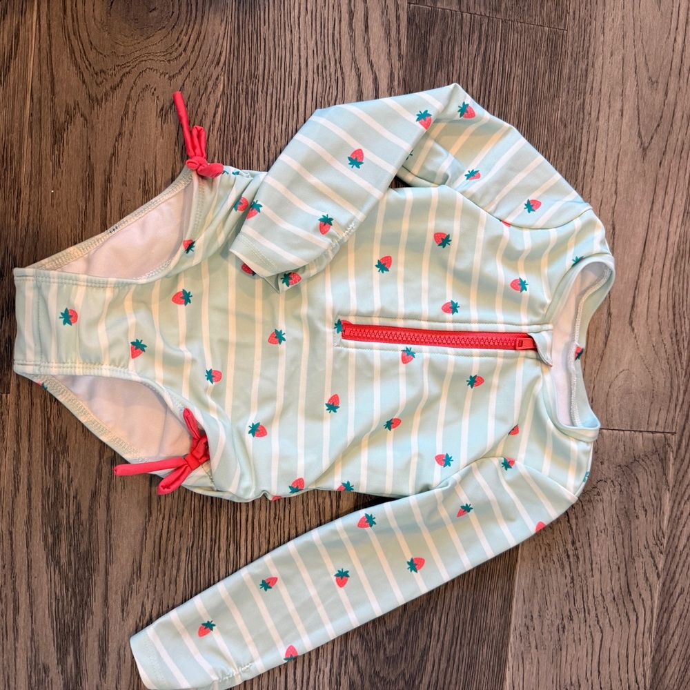 Girls Cat & Jack Striped Strawberry Rash Guard Swimsuit - Mint & Coral